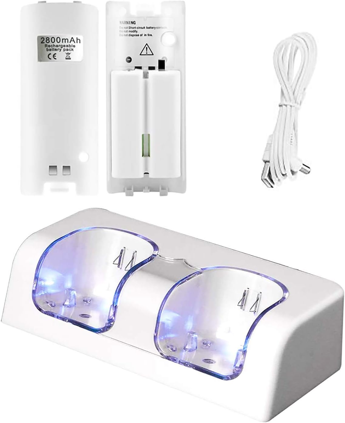 VTone 2 in 1 Controller Charging Station for Wii Remotes, Gamepad Charger with 2 Pack 2800 MAh High Capacity Rechargeable Battery Pack (White)