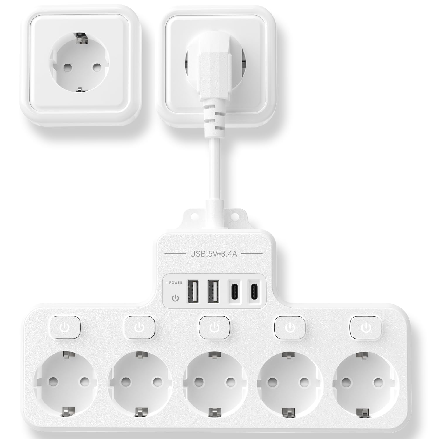 Steckdosenleiste mit individuellem Schalter – 5 Steckdosen Wandsteckdose und USB C, Verlängerungskabel mit Überspannungsschutz, kurzes Kabel, Weiß