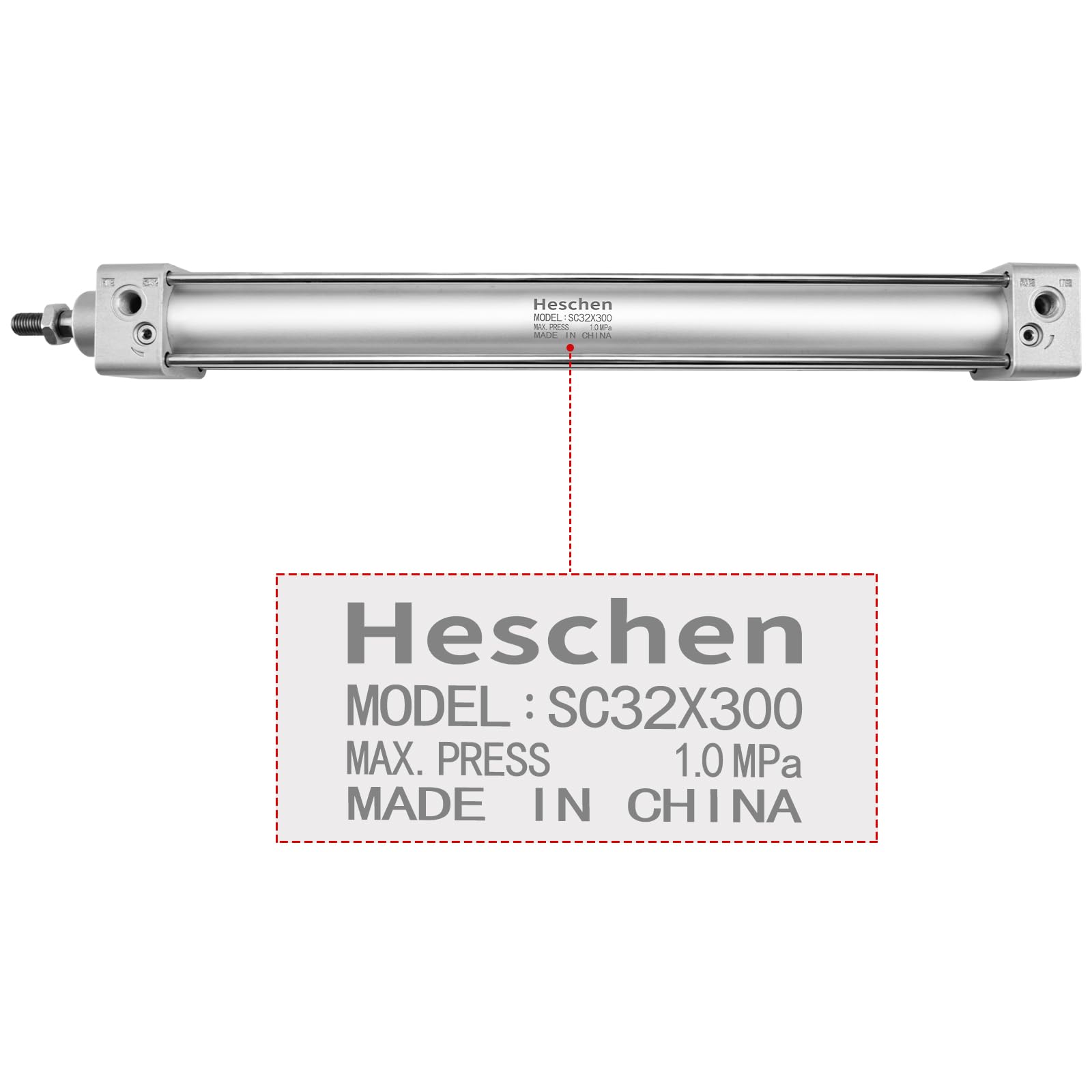 Heschen Pneumatic Standard Cylinder SC 32-300, PT1/8'' Port, 32mm Bore, 300mm Stroke, Single Rod Double Action