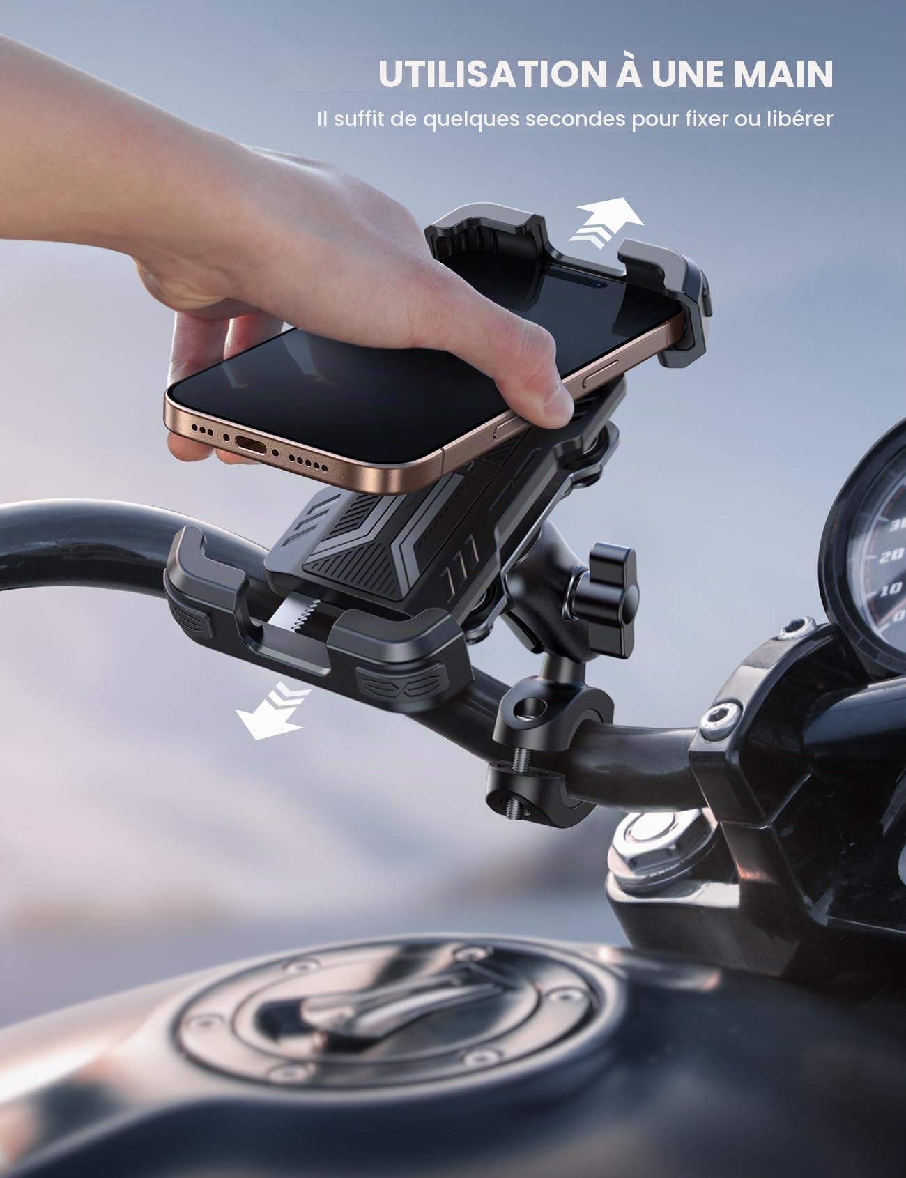 Lamicall Support Téléphone Moto Antivol Double Anti-Vibration Bras Extension Métal pour Guidon Vélo 360° Pivotant iPhone 16 15 14 4,7-6,7"