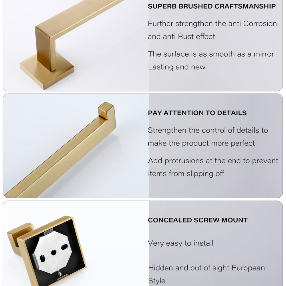Juego de Accesorios de baño de Oro Cepillado Soporte de Rollo de Papel higiénico de Montaje en Pared Toallero Colgador de Batas Kit de Accesorios de Acero Inoxidable, Cepillo de baño BG