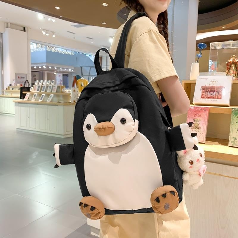 e-super Penguin Laptop Backpack Canvas Shoulder Bag Student School Bag Bookbag Travel Daypack with a Doll2