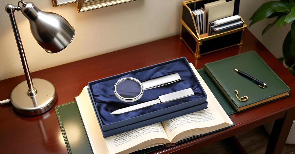 Lupe & Brieföffner Set | Silber Plated versilbert | Edles Schreibtisch-Set | Inkl. Geschenkbox | Premium