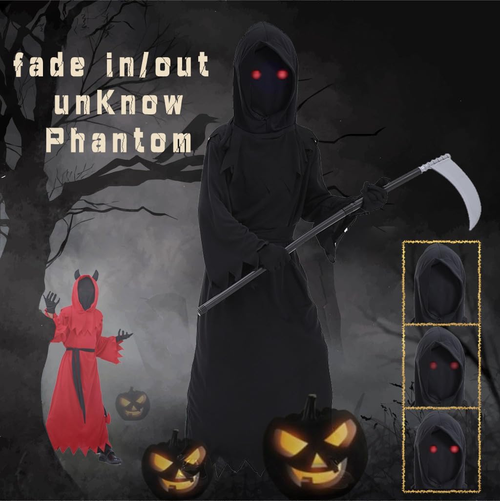 6 Pcs Halloween Grim Reaper Costume Kids Dark Knight Glowing Eyes Reaper Phantom Outfit - Image 5