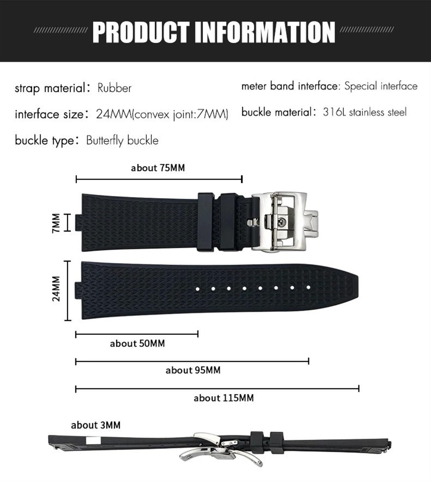 Gumowe paski do zegarków typu wypukłego Fluoros 24x7mm, do urządzenia Vacheron Constantin za granicą Szybki pasek do zegarka zamiennego