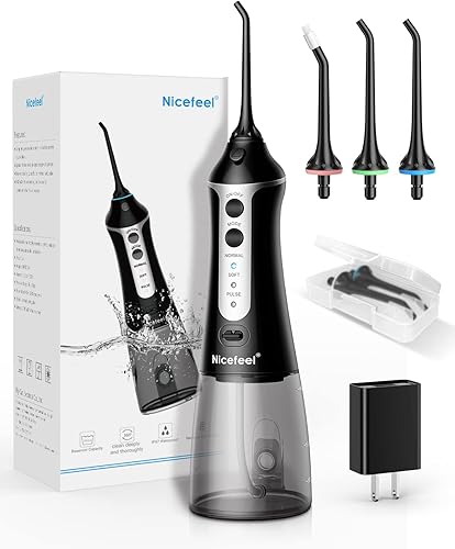 Nicefeel - Limpiador de dientes de agua inalámbrico 101fl oz tanque de agua limpiable con chorro de agua recargable 3 modos irrigador oral con funda