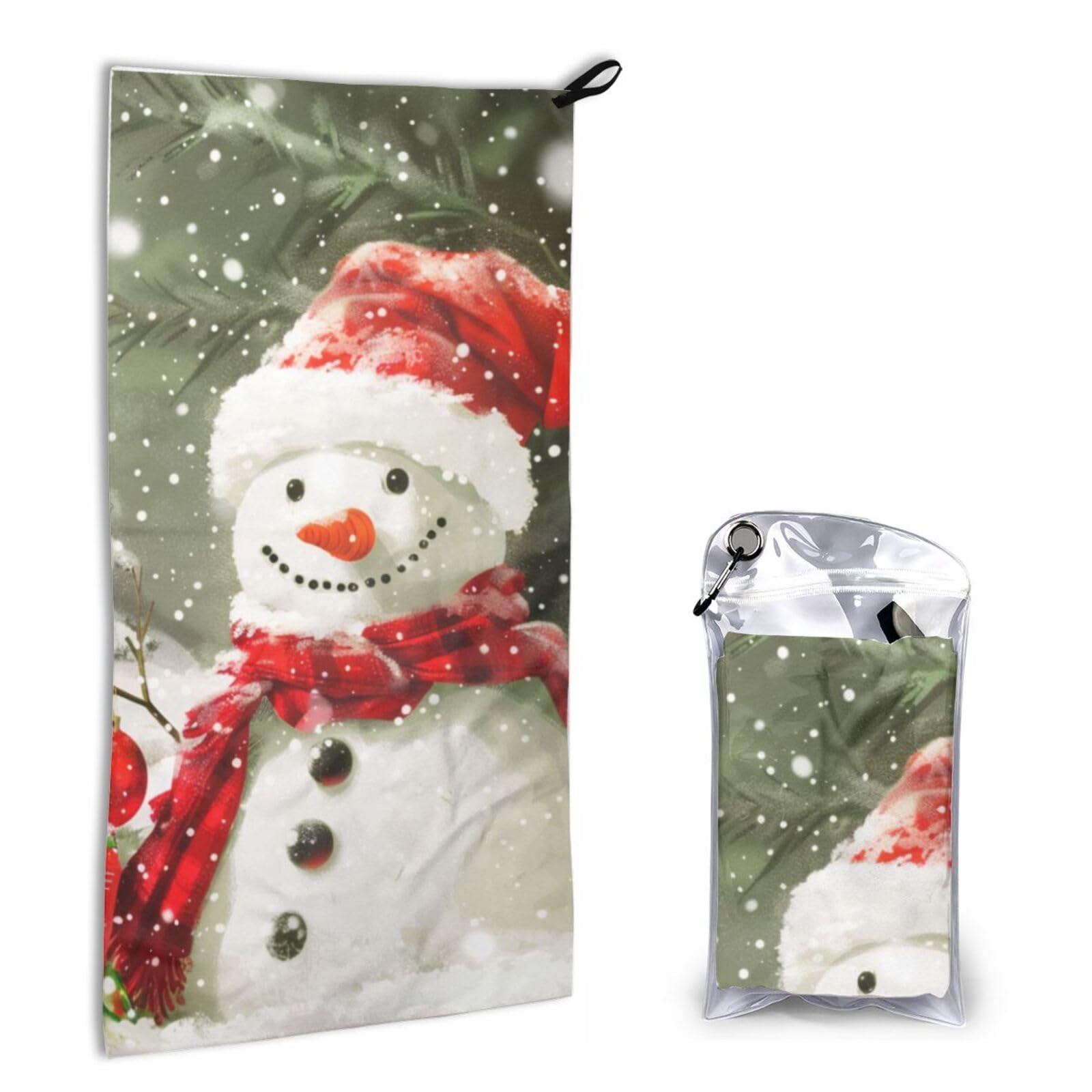 BWWHCCTI Quick Dry Hand Towel With Bag - Merry Christmas With Happy Snowman Printed Super Absorbent Face Cloth Microfiber Travel Sports Towels 40x80cm