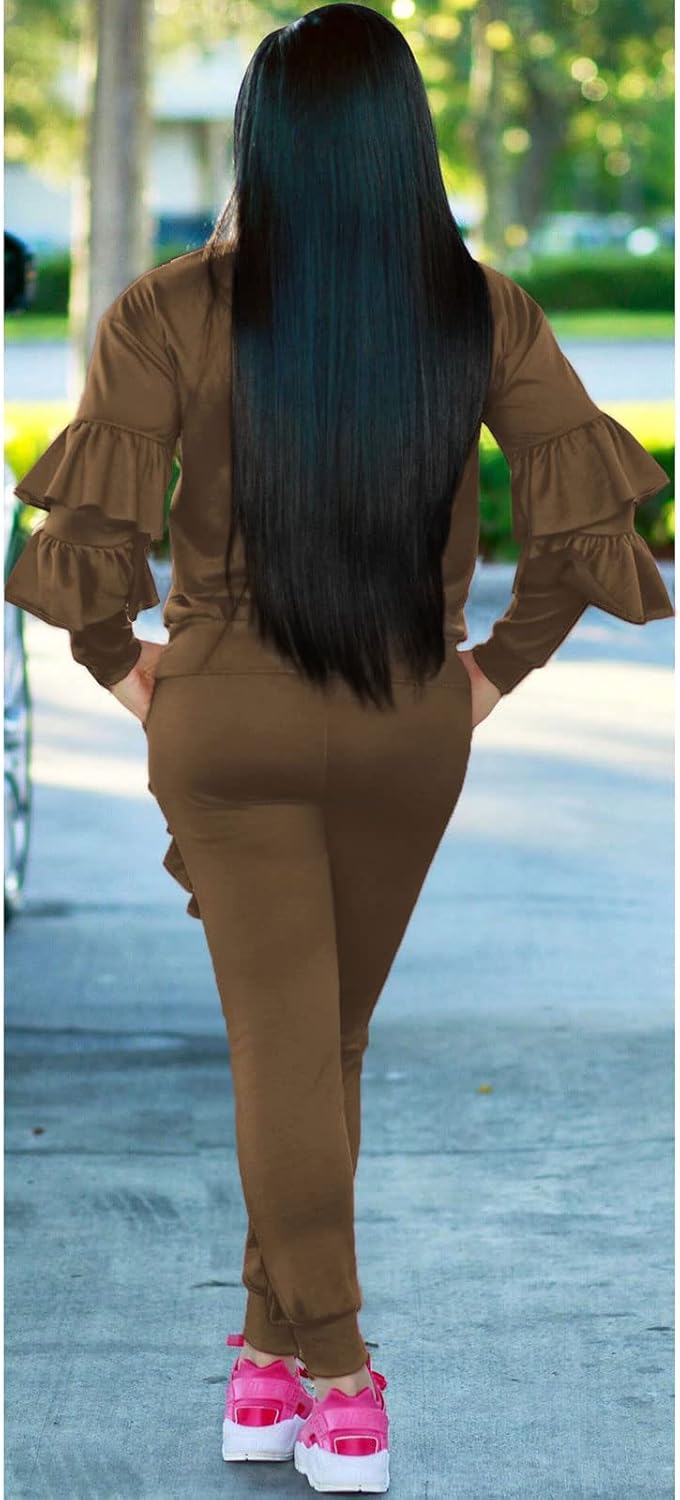 Akmipoem Women's Two Piece Outfits Ruffle Sleeve Sweatshirt and Long Pants Tracksuit Sets - Image 3