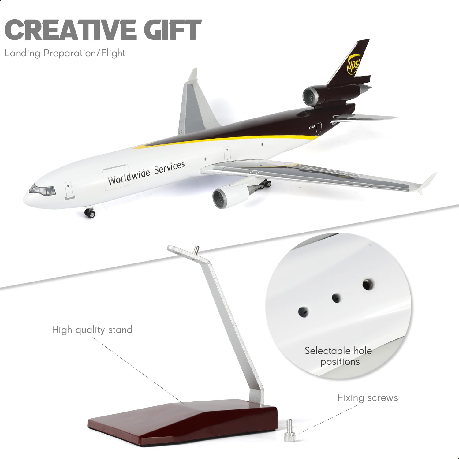 MD-11 Flugzeugmodell im Maßstab 1:130, kompatibel mit UPS, inklusive Ständer (47 cm lang), aus Resin, ideal als Souvenir für Erwachsene, als Dekoration für Zuhause oder Büro.