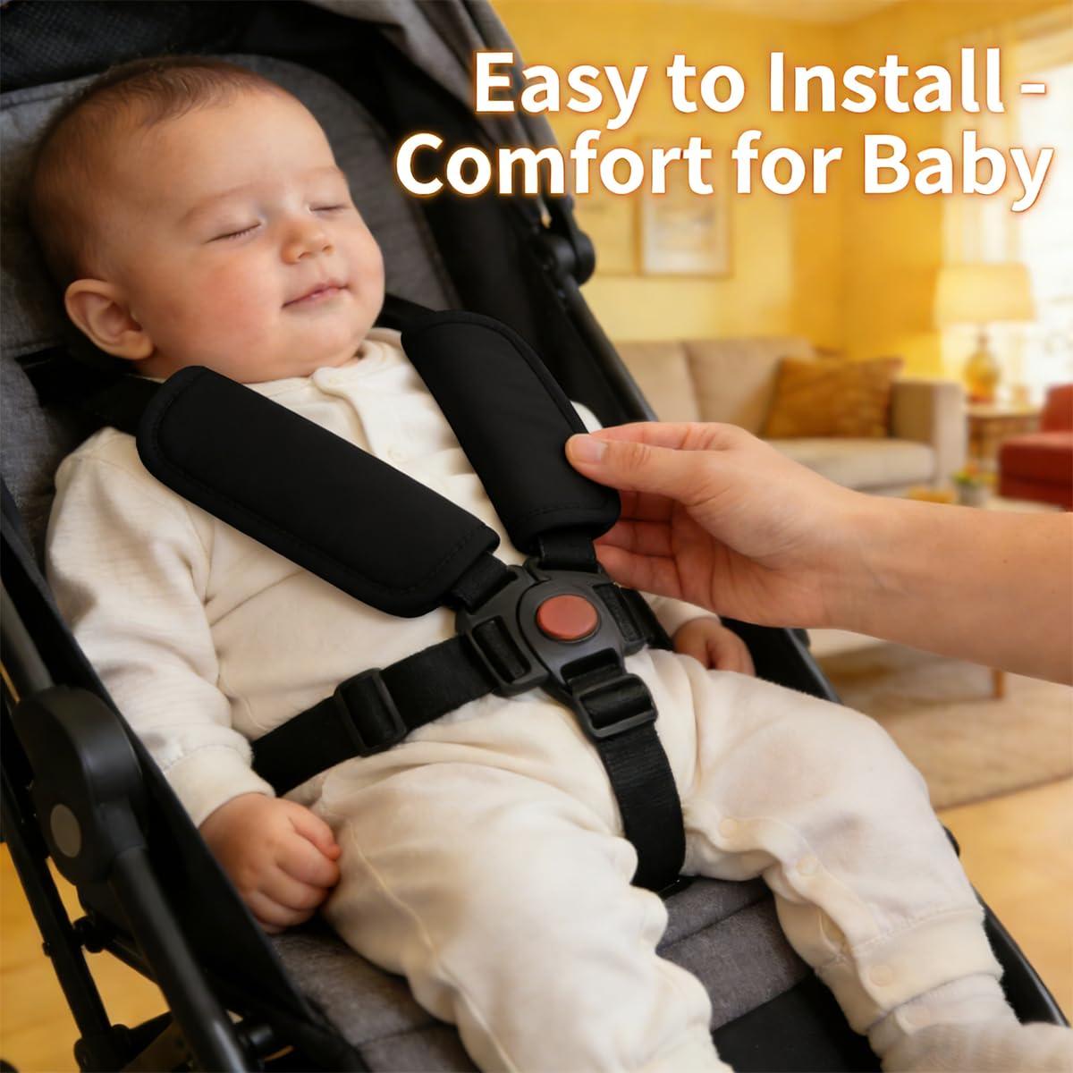 Cinturón de seguridad para bebé, almohadillas suaves para cinturón de seguridad para cochecitos y asientos infantiles, material Oxford transpirable, ajuste universal, negro, juego de 2 — view 5