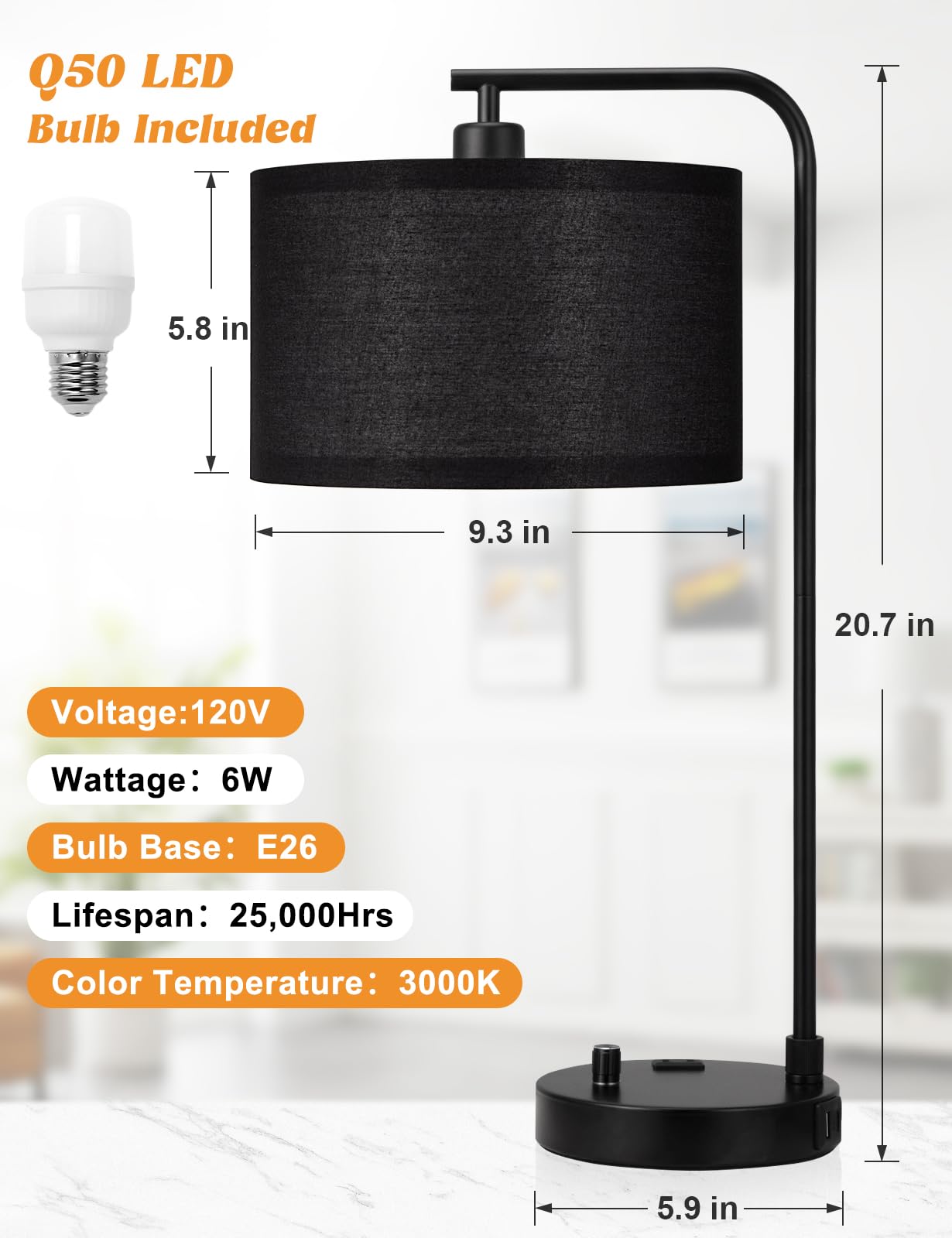 Innqoo Lámpara de mesa alta negra con puerto USB y tomacorriente, lámparas de noche regulables con pantalla de lino, lámpara de escritorio para dormitorio, sala de estar, habitación de invitados