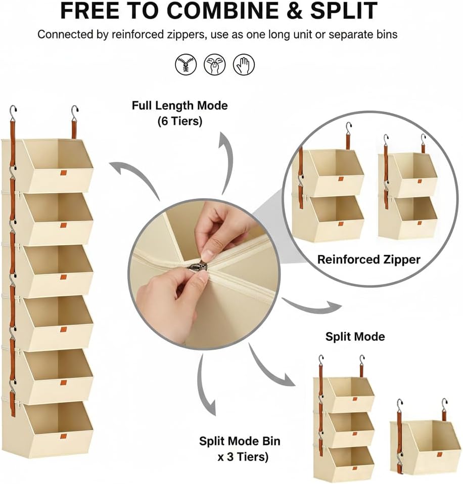 6-Tier Hanging Closet Storage Bins, Foldable Large Capacity Closet Organizers for Rv, Closet Hanging Basket with Space-Saving Vertical Design for Small Apartments, Dorms, Rvs