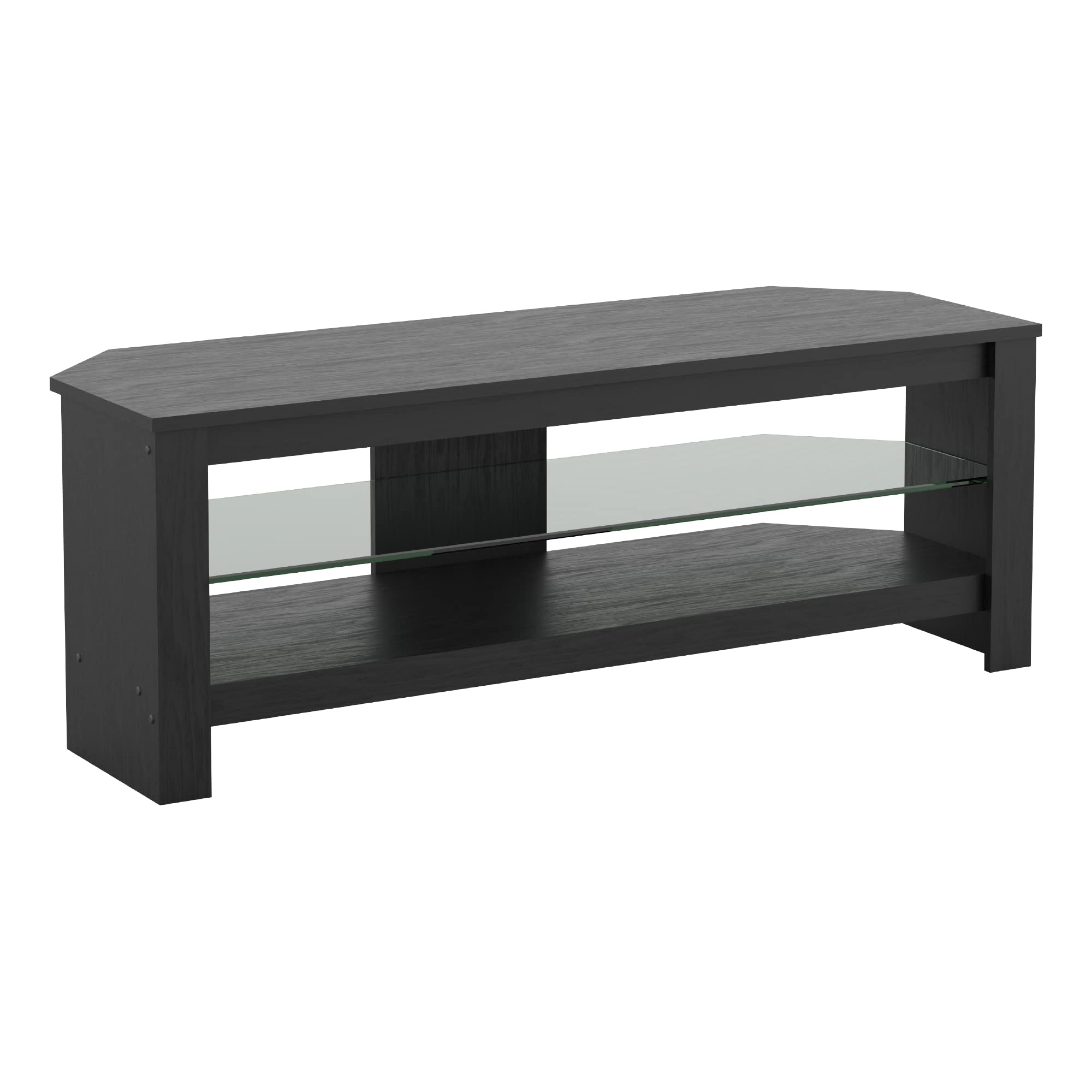 mahara Black Corner TV Stand - Black Oak Effect TV unit for up to 55" with glass shelf - Max TV Weight 40Kg-TV Floorstand L115cm x D39.5cm x H41.4cm