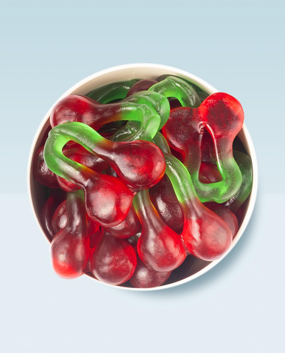 Vidal Golosinas. Cerezas Gigantes. Golosinas en forma de cereza tamaño XL con sabor auténtico a cereza, textura brillante y blandita. Sin gluten ni grasa. Bolsa 1 kg