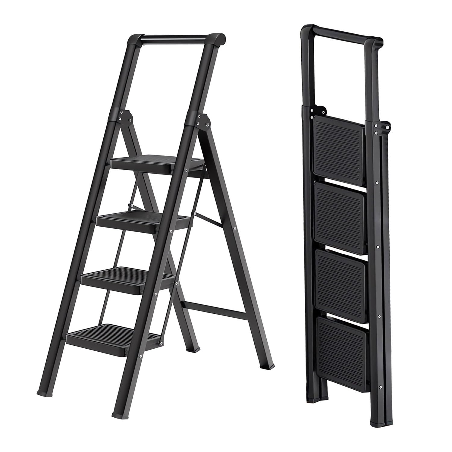 4 Step Ladder with Wide Anti-Slip Pedals Sturdy Steel Ladder Convenient Handrail Heavy Duty Step Stool of 330lbs Capacity Folding Step Stools for Adults Kitchen & Household