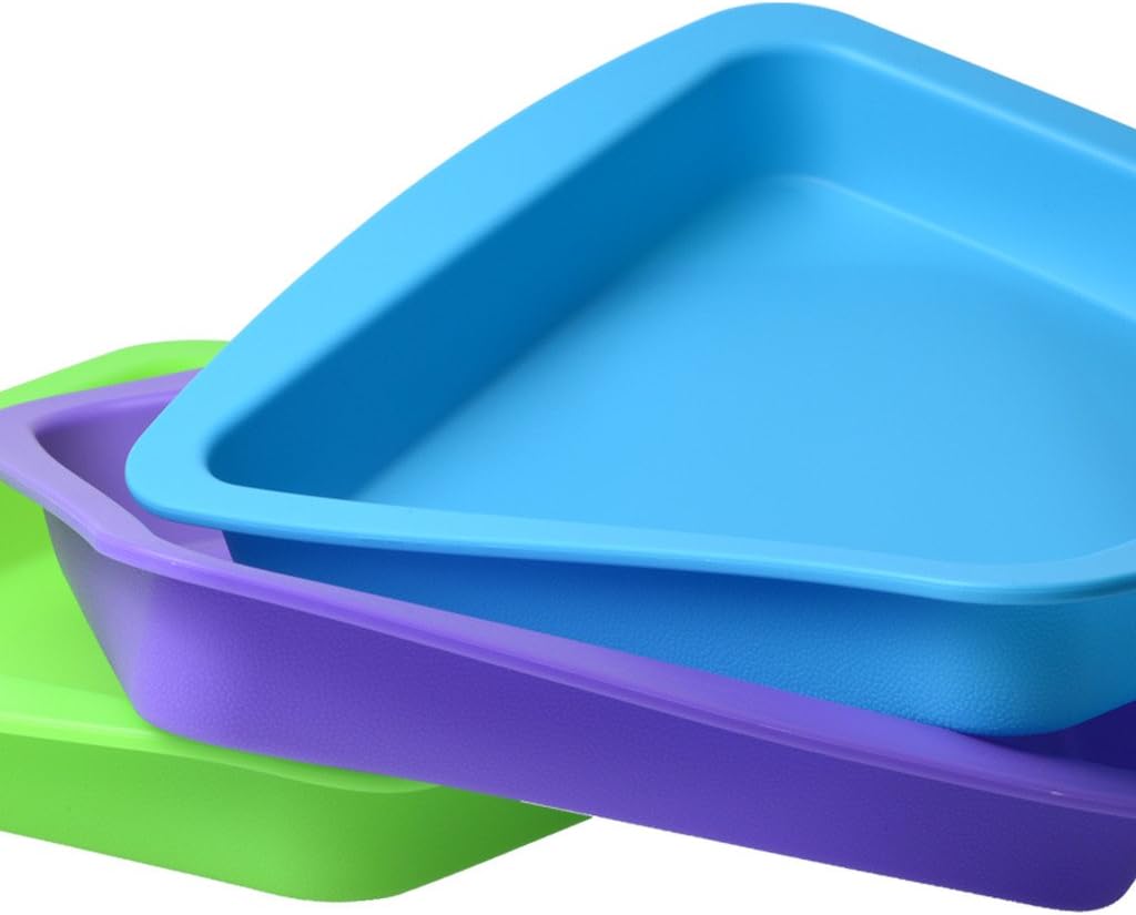Deep Dish Container Tray | Non-Stick for Brownies - Cakes | 9.5" W x 8.75" L - 1.25" Depth | Bulk 3-Pack | Green (1) - Purple (1) - Blue (1) - Image 3