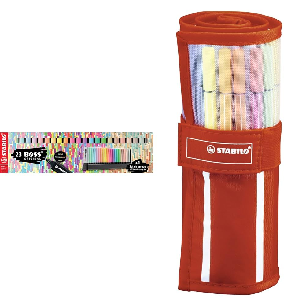 Stabilo Evidenziatore BOSS ORIGINAL Desk-Set Special Edition - 23 Colori assortiti 8 fluo + 8 pastel + 6 Nature + 1 marcatore Nero & Pennarello Premium - Pen 68 - Rollerset con 30 Colori assortiti