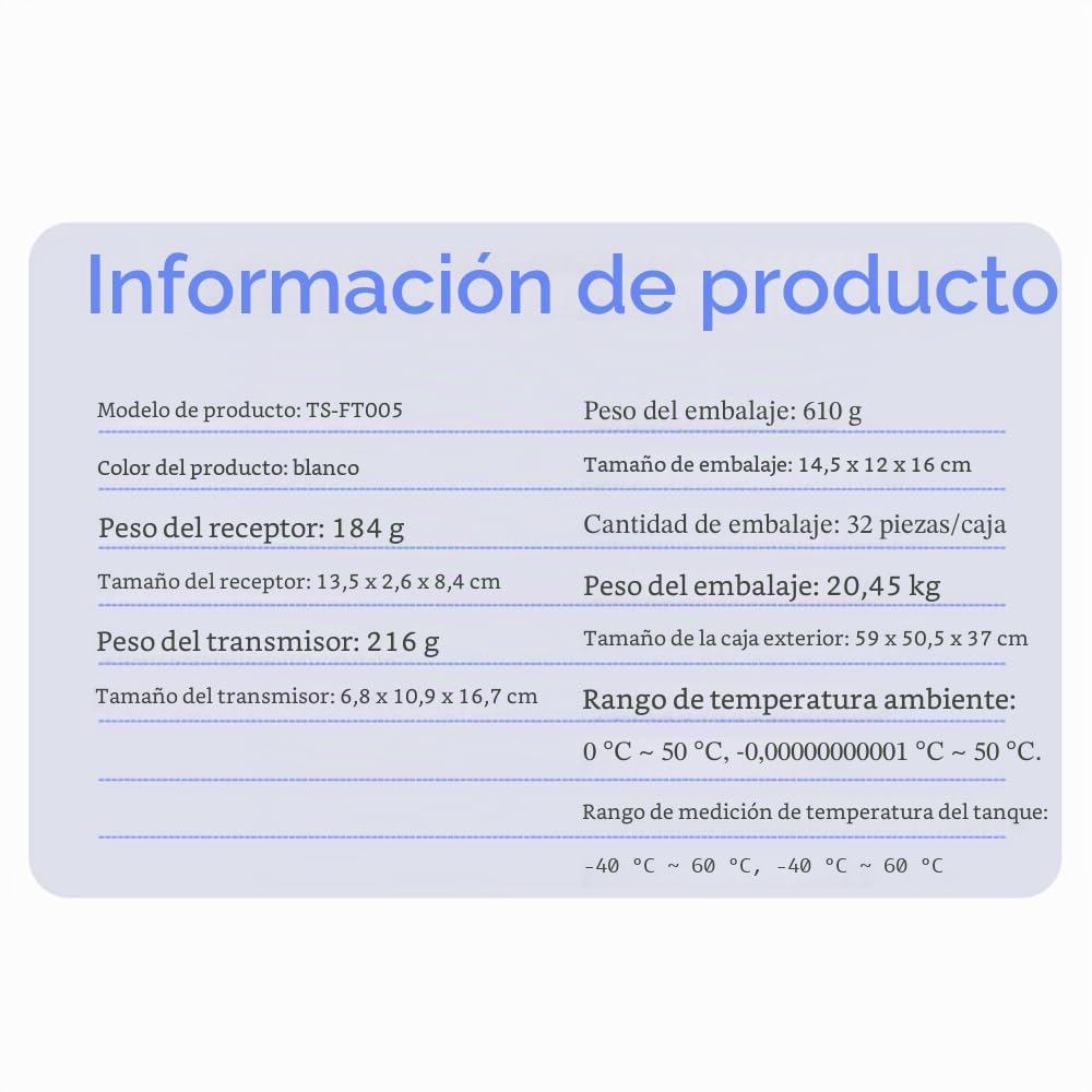 Indicador de nivel ultrasónico inalámbrico para tanques de agua con sensor de temperatura e indicador de tiempo