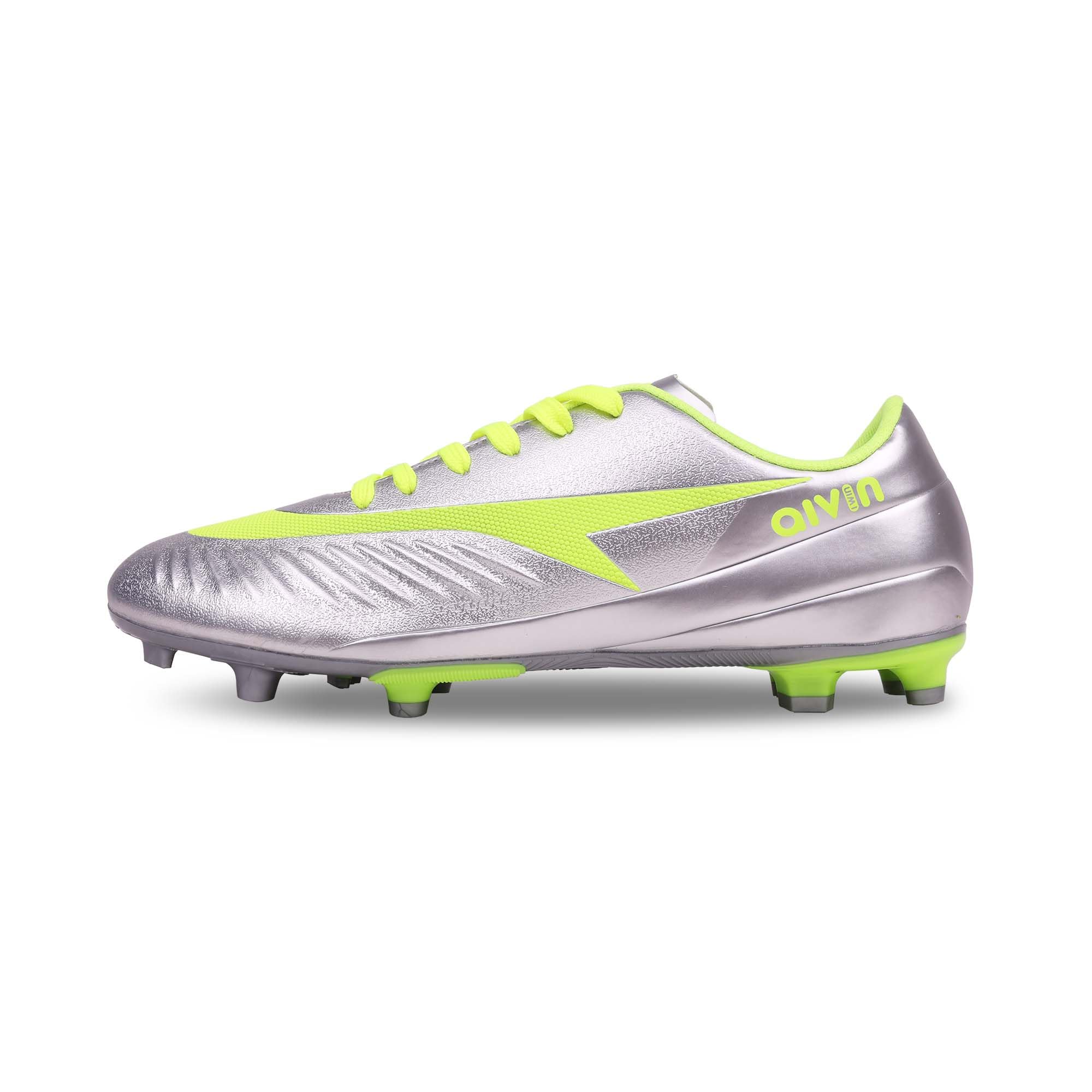 AIVIN Ferro Football Shoes | Lightweight PU Synthetic Upper | Reinforced TPU Bladed Outsole | Cushioned Inner Lining | Stitchless Construction | Premium Silver Neon Green Design | Firm Ground Soccer Studs