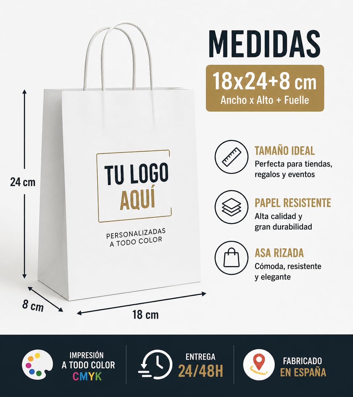 Bolsas de Papel Blanco Personalizadas 18x24 cm con Asa Rizada – Impresión CMYK a Color – Entrega 24/48h – Resistentes para Tiendas, Eventos y Regalos – Pack 50 y 100 (150)