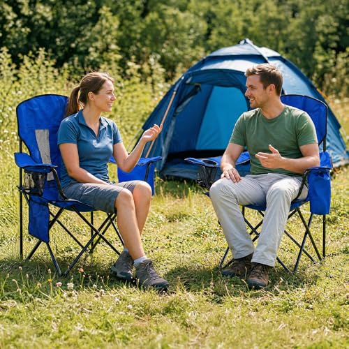 Image of Camping Chairs for Adults 2 Pack, Folding Chair with 4-Can Cooler Bag & Cup Holder, Portable Heavy Duty Outdoor Chair with Mesh Back for Camping, Beach, Lawn, Fishing, Blue