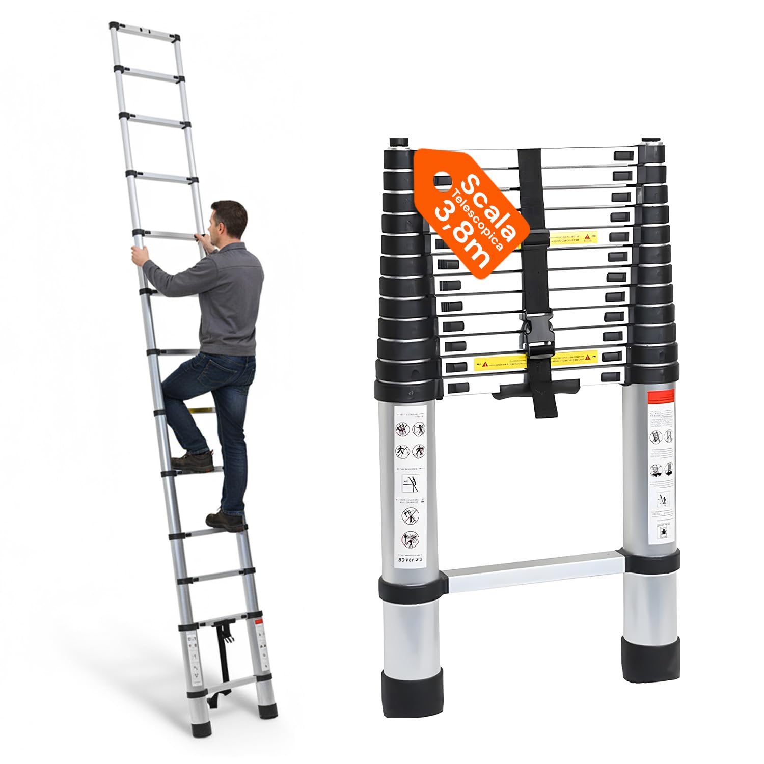 Avilia - Escalera telescópica de Acero Inoxidable 3,8 m 13 peldaños Escalera Plegable para casa y Trabajo Escalera Extensible Ahorra Espacio con Bloqueo de Seguridad