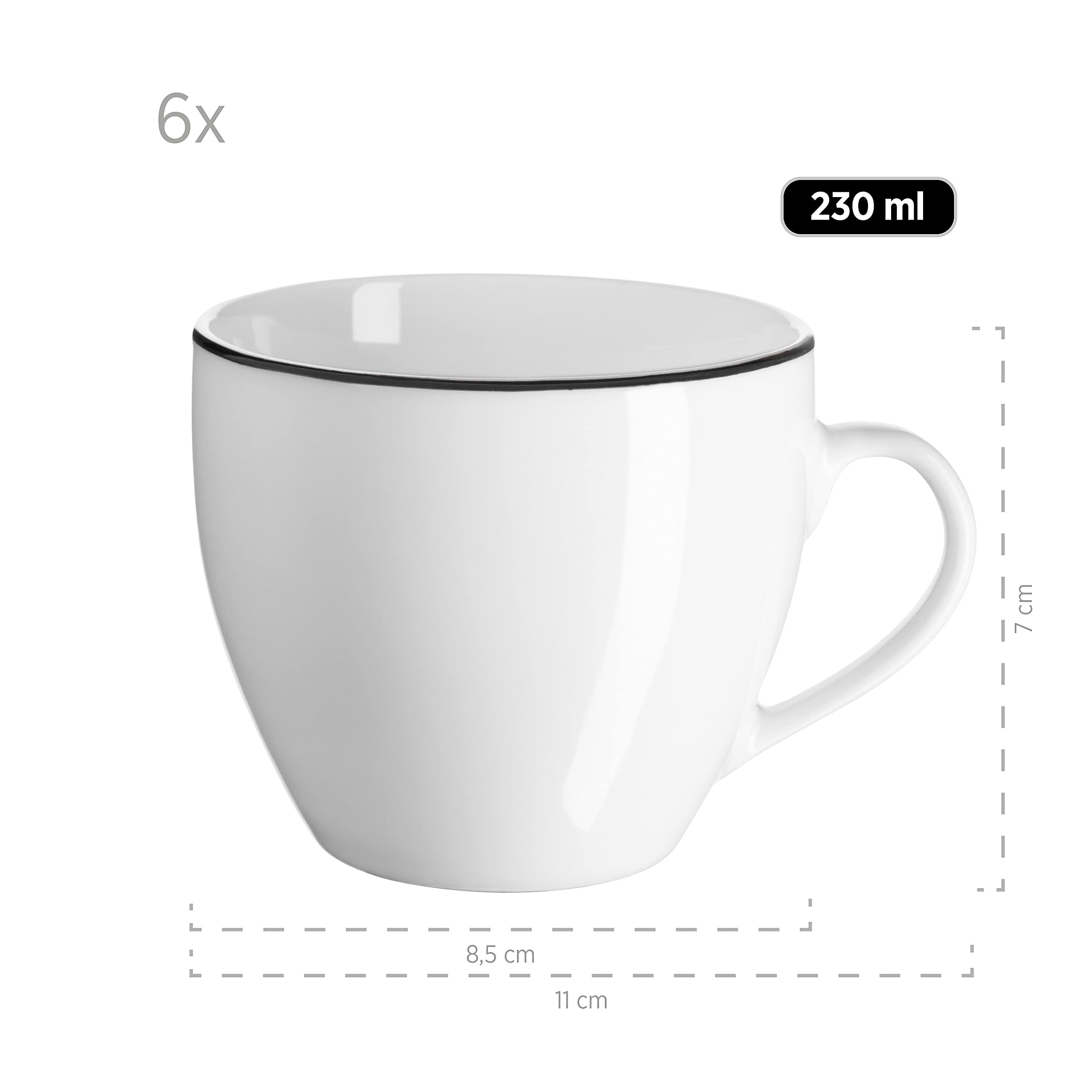 Mäser, Serie Nola - Juego de café para 6 personas, color blanco con borde negro, juego de 18 piezas con tazas de café, platillos y platos de postre, color blanco