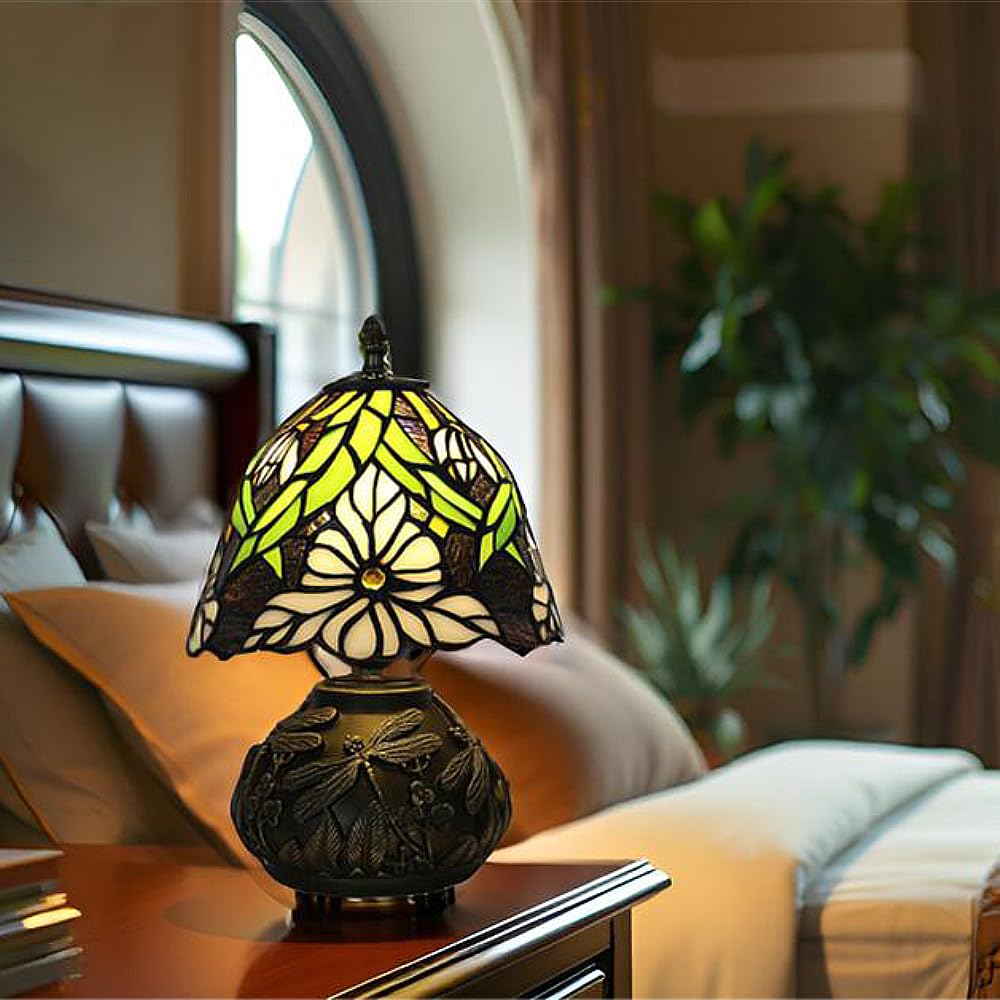 XINYASEE Tischlampe im Tiffany-Stil – pilzförmiger Lampenschirm aus Buntglas, Sockel mit Libellengravur, Retro-Nachttischlampe für Schlafzimmer, Wohnzimmer, Heimdekoration (Blumen-B)