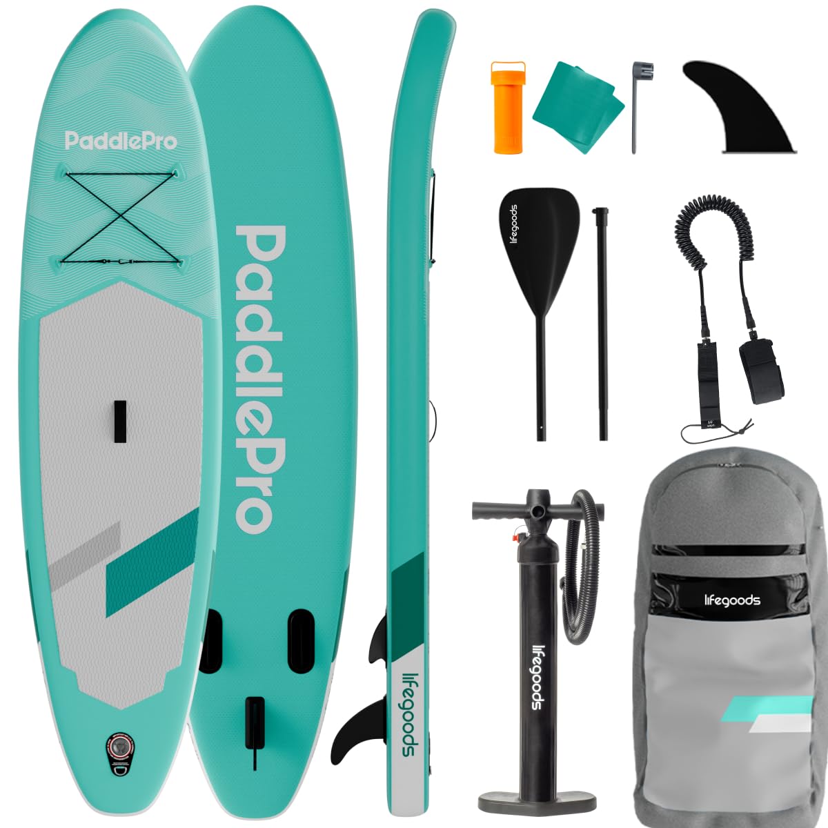 LifeGoods Paddle Gonflable Adulte - Stand Up Paddle Board - Set Complet - Pagaie Réglable - Pompe Incluse - Max. 100KG - 300x76x15cm