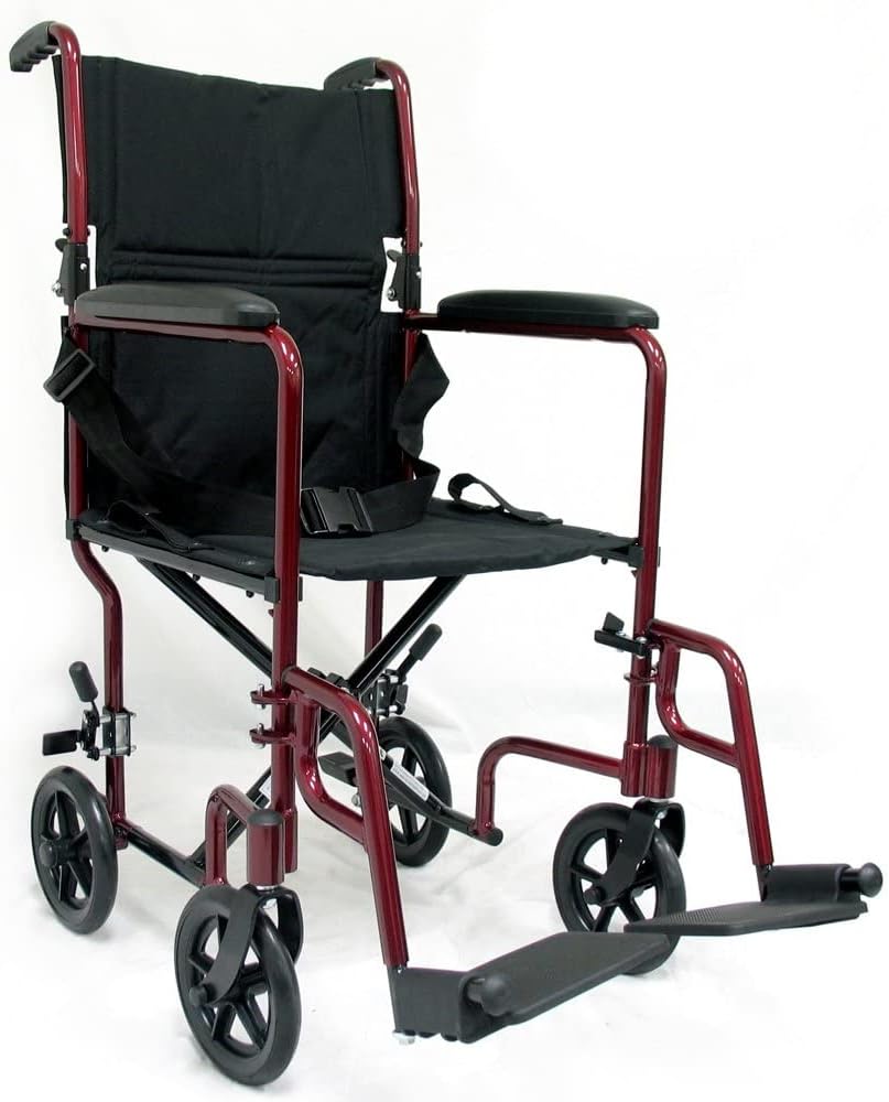 Healthcare LT-2017-BD Folding Aluminum Transport Chair, Burgundy, 17" Seat Width