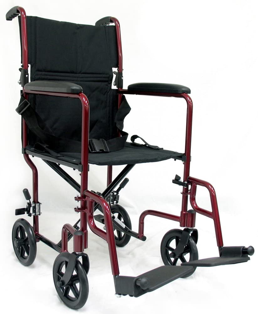 Healthcare LT-2017-BD Folding Aluminum Transport Chair, Burgundy, 17" Seat Width