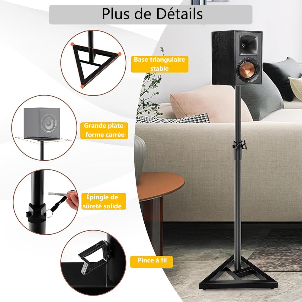 SOARS Support Enceint, Lot de 2 Pieds Enceintes avec Pied Triangulaire, Réglable en Hauteur de 97 à 157 CM, Stable en Acier, Charge Maximale 50 kg, pour Maison, Bureau, Club, Mariage, Noir