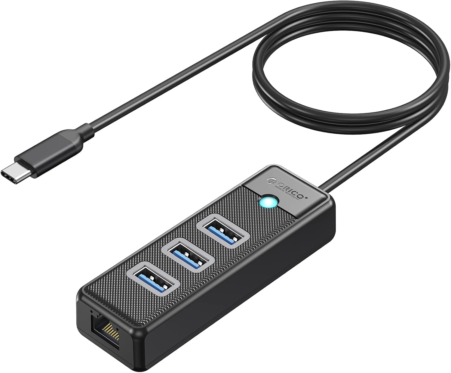 ORICO USB C to Ethernet Adapter, 4-in-1 USB C Hub with RJ45 10/100/1000 Gigabit Ethernet Adapter with 3.3ft Long Cable Compatible with Mac OS 10.X and Above, Linux, Android-Black