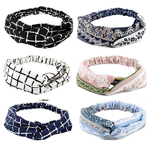 Yeshan Elastic Floal Style Criss Cross Headwrap Stretchy Moisture Hairband Twisted Knot Headband,pack of 6