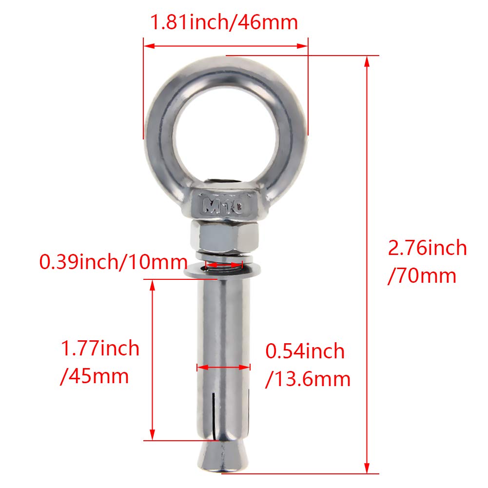 Expansion Bolts Expansion Eyebolt Eye Nut Screw with Ring Bolt Fastener for Concrete Wall Brick M10x70mm 2PCS