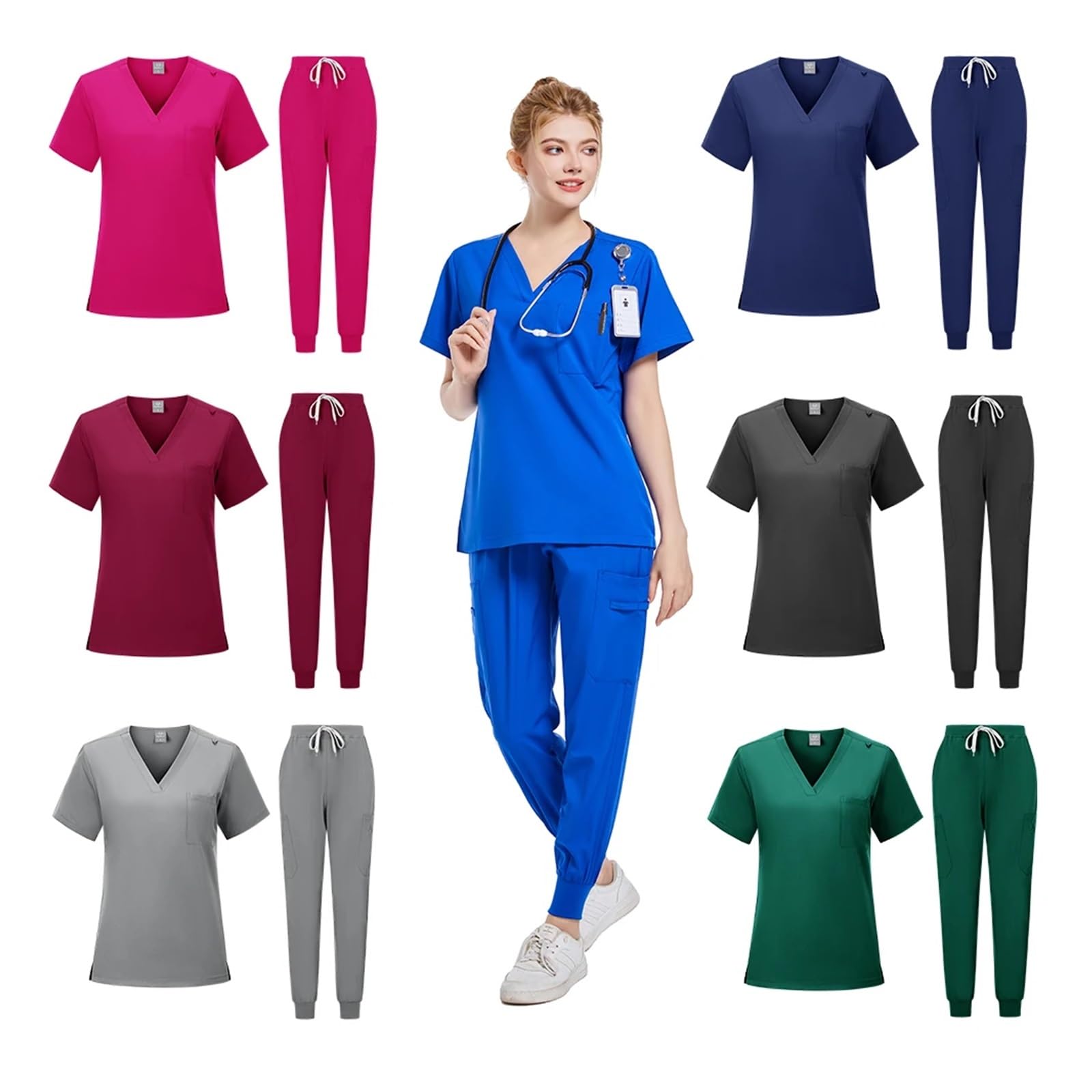 Divisa Infermiere Uniformi da Donna, Top e Pantaloni Elasticizzati con Scollo a V, Set da Scrub, Abbigliamento for Donne Dottore Donna Uniformi Sanitarie Slim-Fit Divisa Sanitaria(Purple,XL)