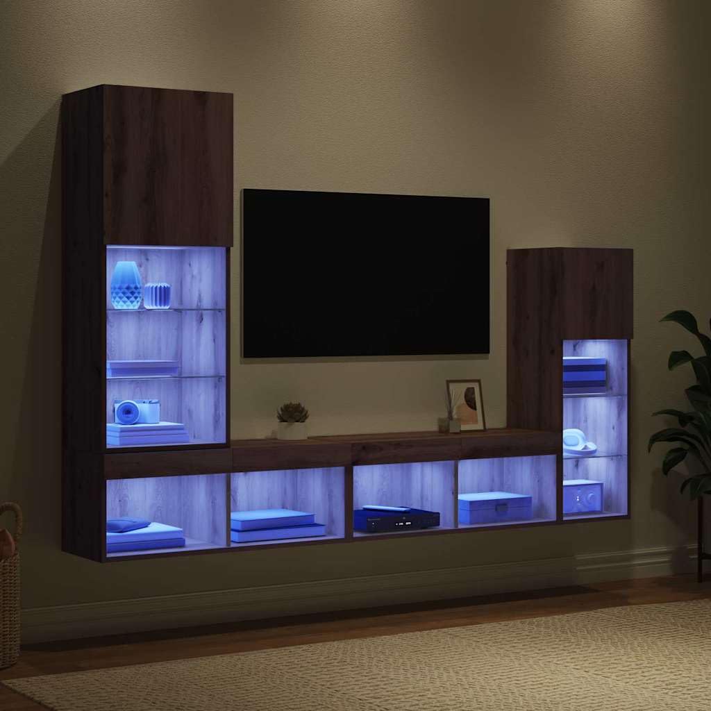 TV-Wandgeräte Wandmontiert 4-TLG Artisan-Eiche Holzwerkstoff mit LED-Beleuchtung 13 Regale 2 Türen Stauraum-Schrank Wohnzimmer Regal-Set Modern Media Center