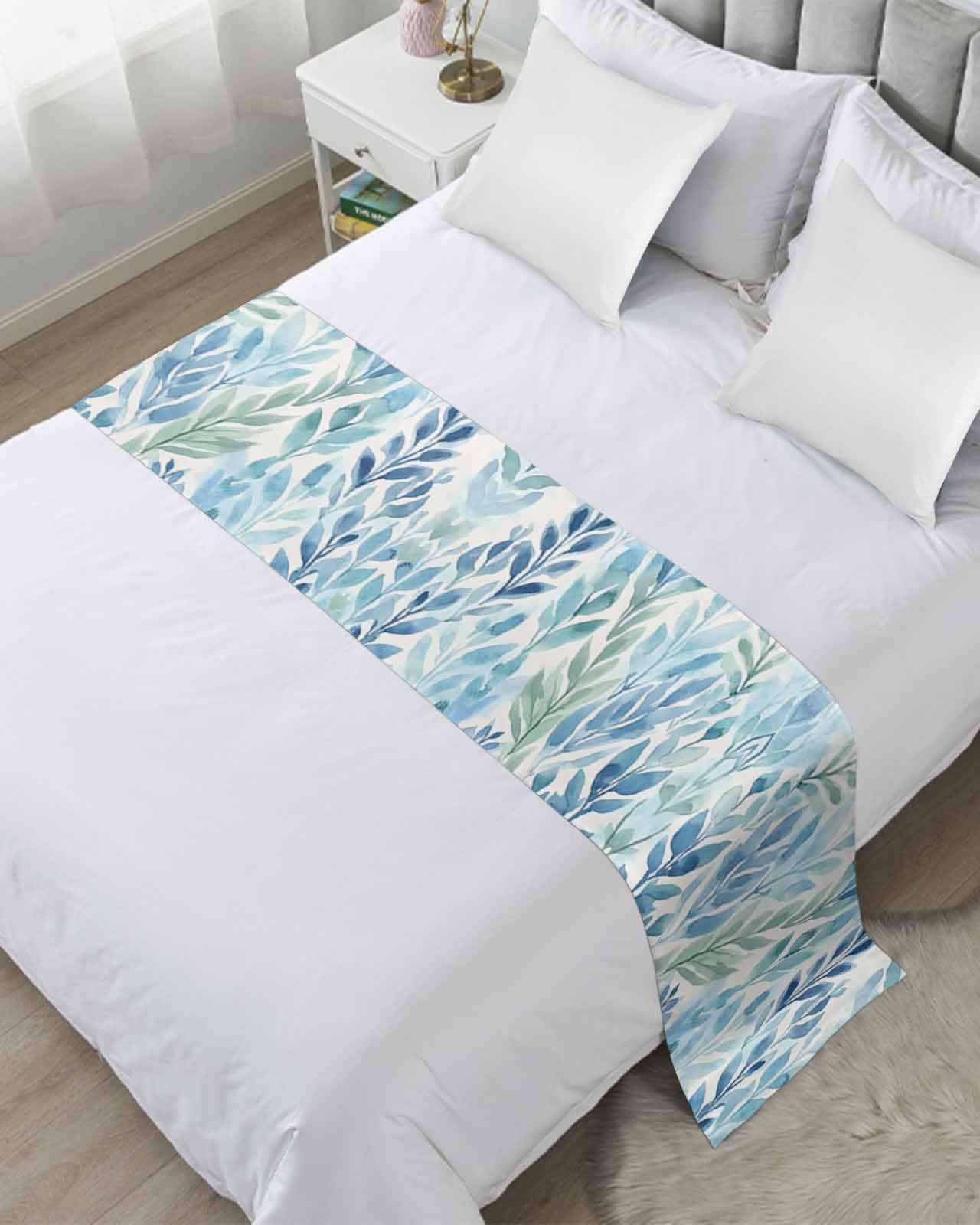 DecorLovee Blue Green Leaf Bed Runners for Queen Size Bed, Decorative Bed Throws for Foot of Bed, Summer Vintage Watercolor Plant Bed Runner Sofa Throw Bedding Scarf Protector Slipcover for Bedroom
