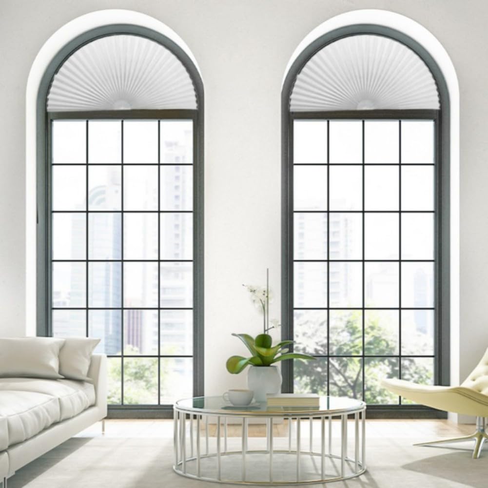 Maritown Arch Window Shades No Tools Light Filtering Pleated Fabric Shade Stick on Half Circle Round Window Pleated Blinds Arched Window Covering for Bedroom Kitchen Bathroom, Easy to Cut and Install