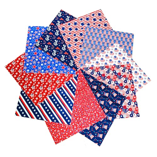 10 Pcs 4th of July Patriotic Fabric Bundles 19.69x19.69 Inch Red White and Blue Stars Fat Quarters Independence Day Quilting Patchwork Squares Sewing Fabrics for 250th Anniversary DIY Craft Home Decor