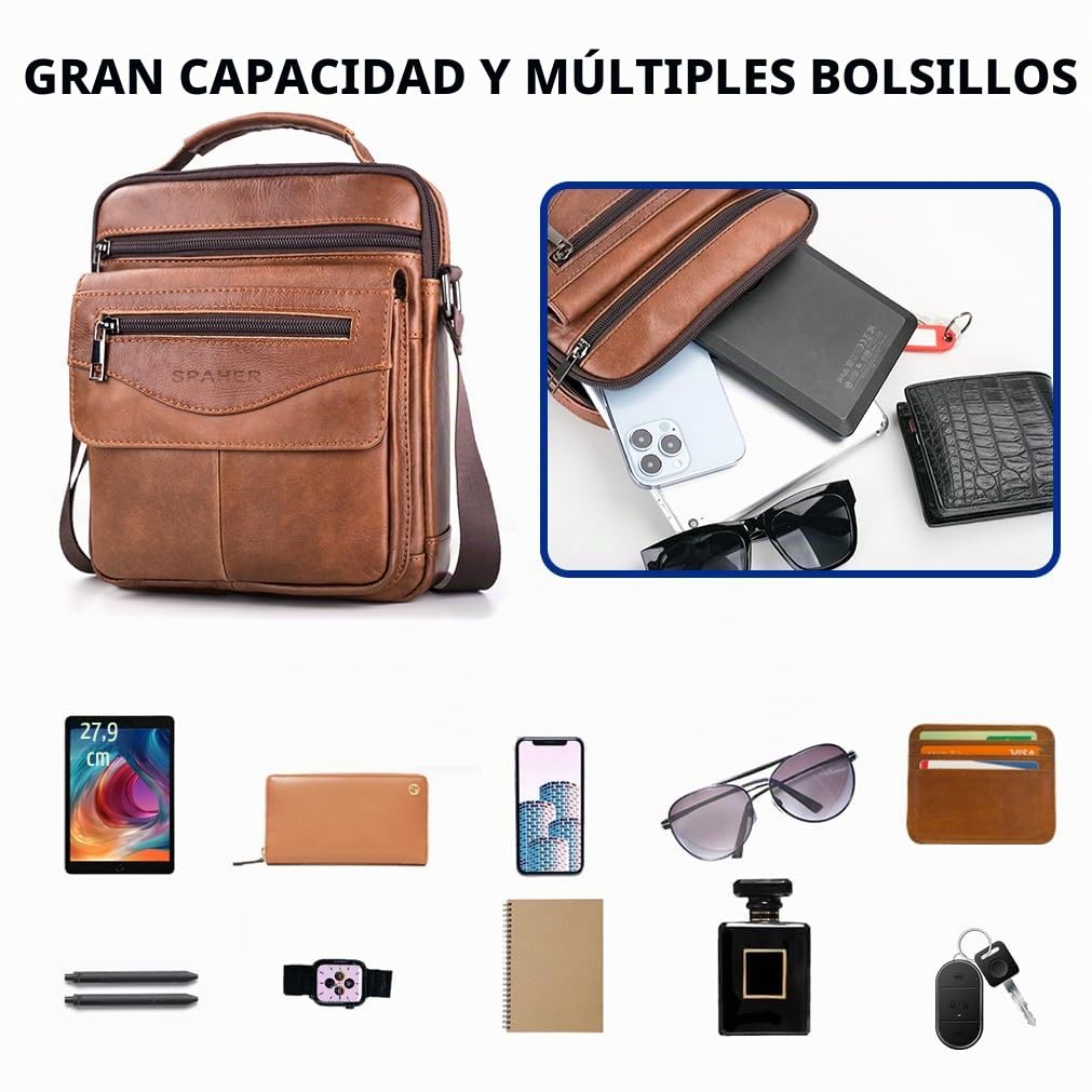 SPAHER Bandolera de Cuero Grande Bolso Piel Caballero Mariconeras para Hombres Man Bag