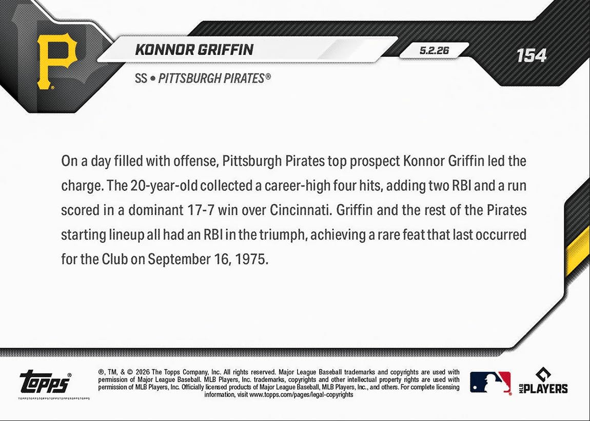 Amazon.com: 2026 Topps Now Konnor Griffin #154 1st Career 4 Hit