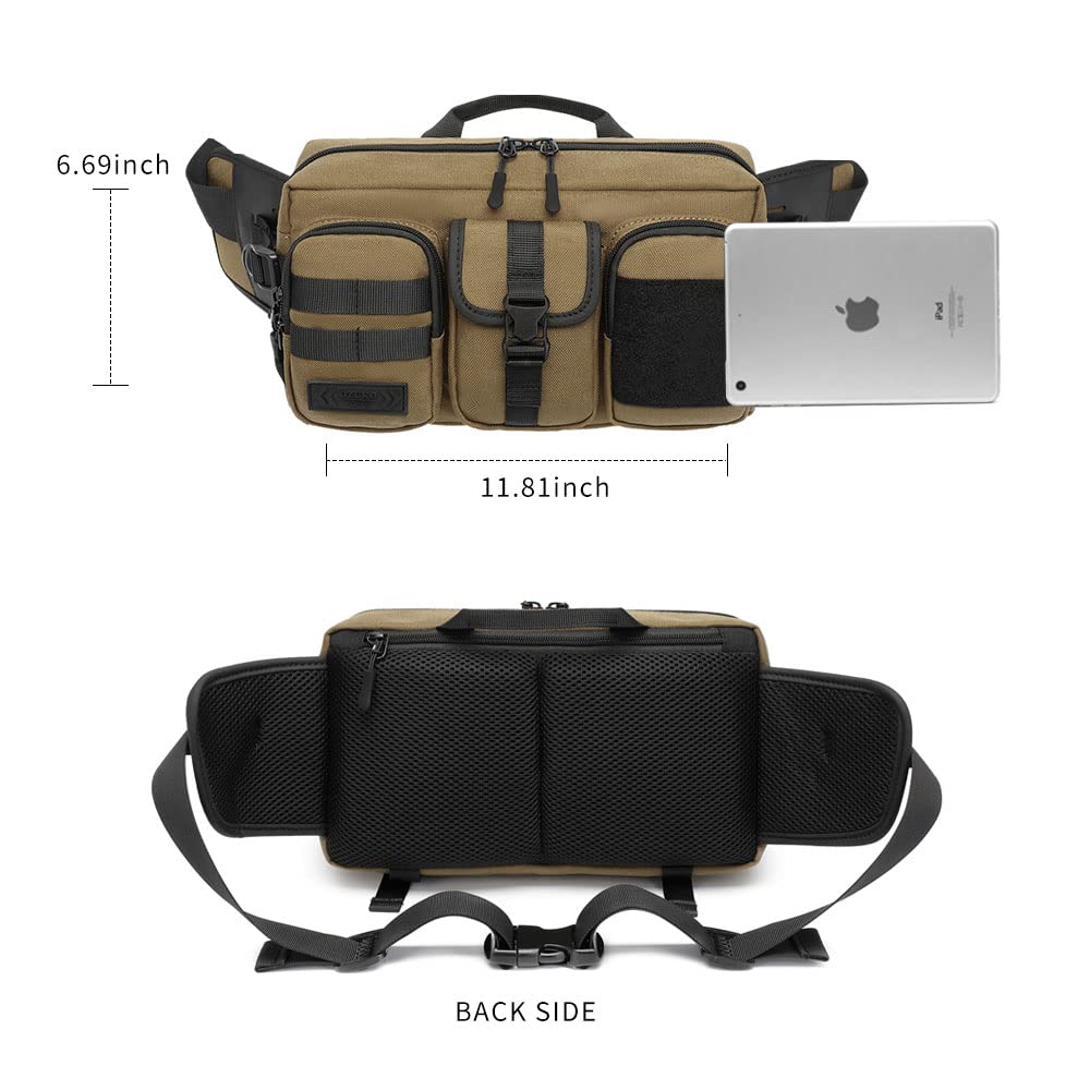 Fanny Pack dla mężczyzn i kobiet, wodoodporna, duża saszetka na pasek, pasuje na tablet 19 cm, torba biodrowa z regulowanym paskiem do treningu, biegania, wędrówek, Brązowy, Small, Regulowana