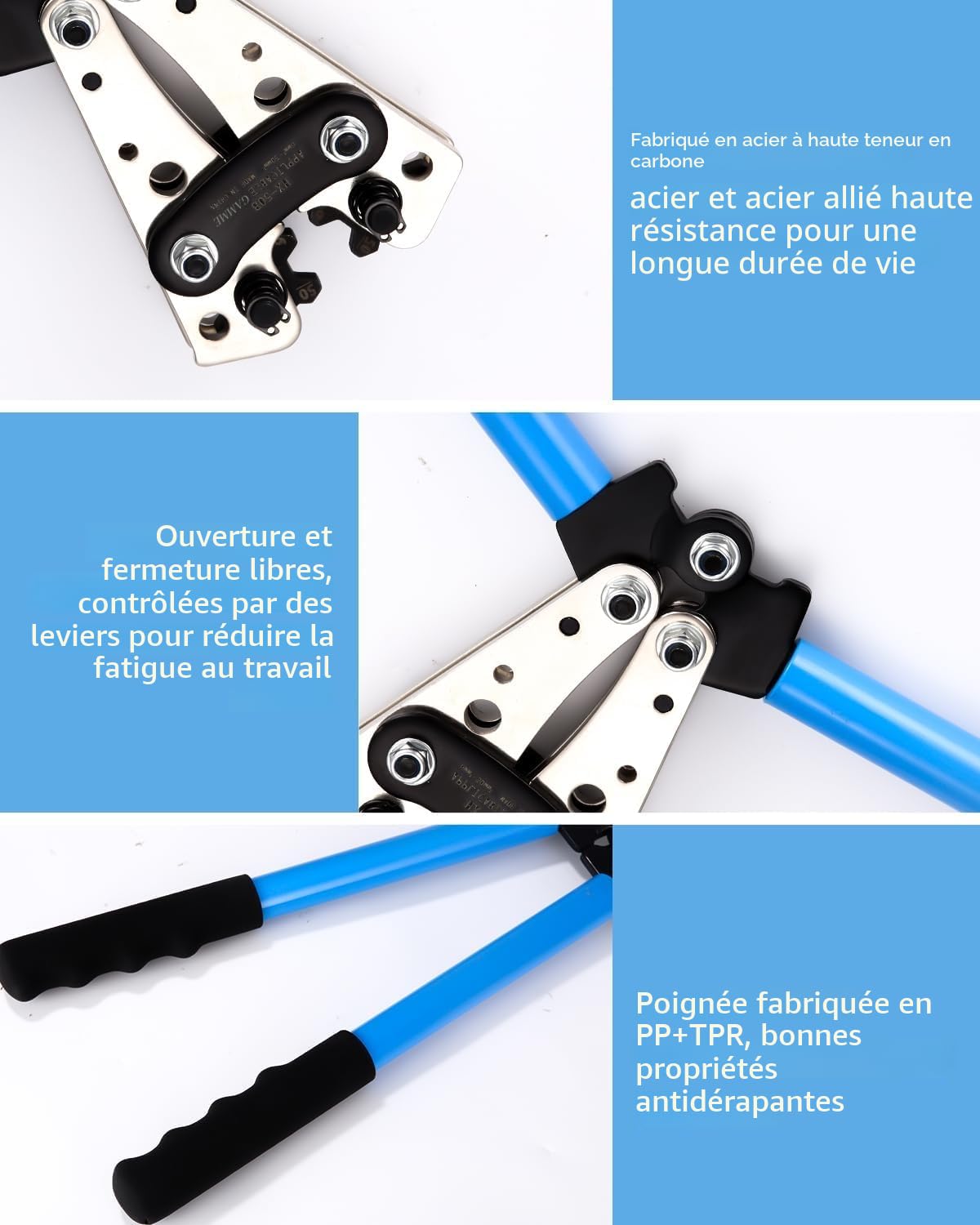 Pince a Sertir,AWG 10-0,6/10/16/25/35/50 mm² pince à sertir cosses avec Bornes à anneau en cuivre +60 PCS de gaine thermorétractable pince a sertir electrique multicouche Cliquet de sertissage pince