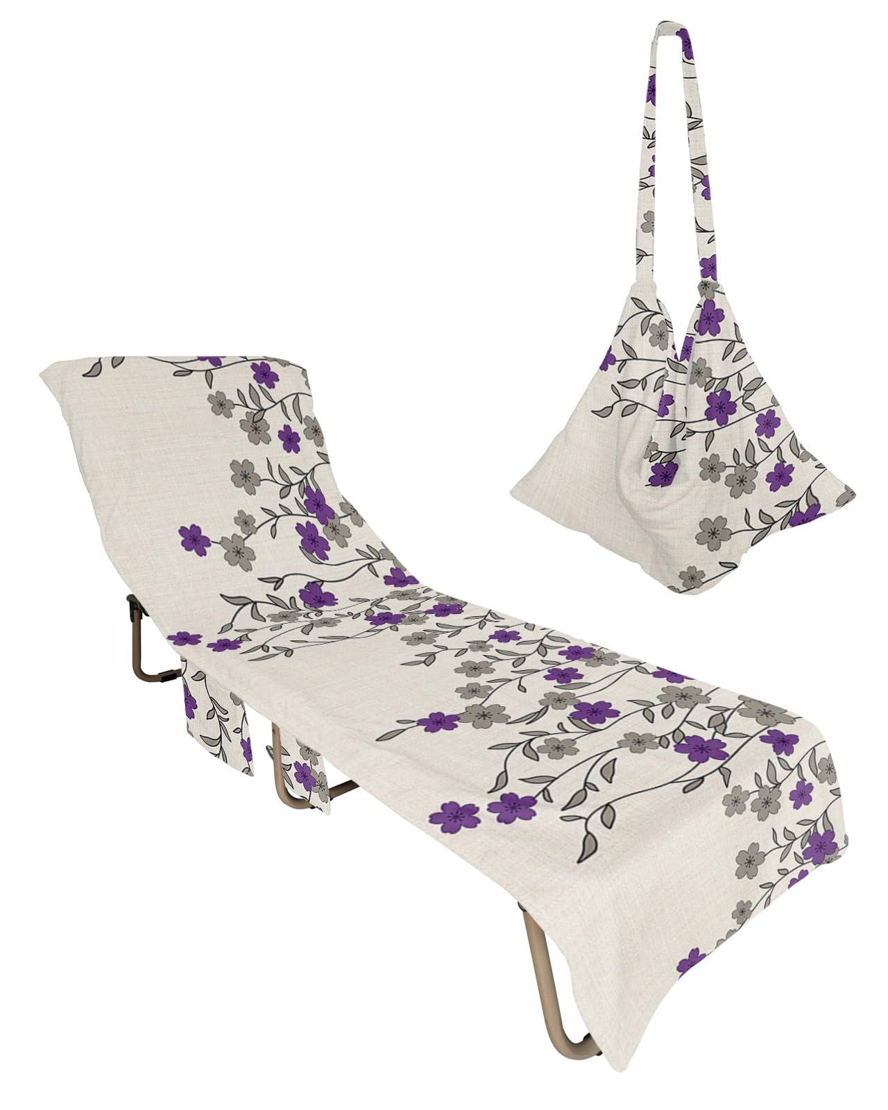 Purple Grey Weeping Floral Beach Lounge Chair Towel Cover, Soft Chaise Lounge Towel with Side Pockets Patio Pool Chairs Cover for Beach/Pool Sunbathing 29x85 Chic Summer Botanical Rustic