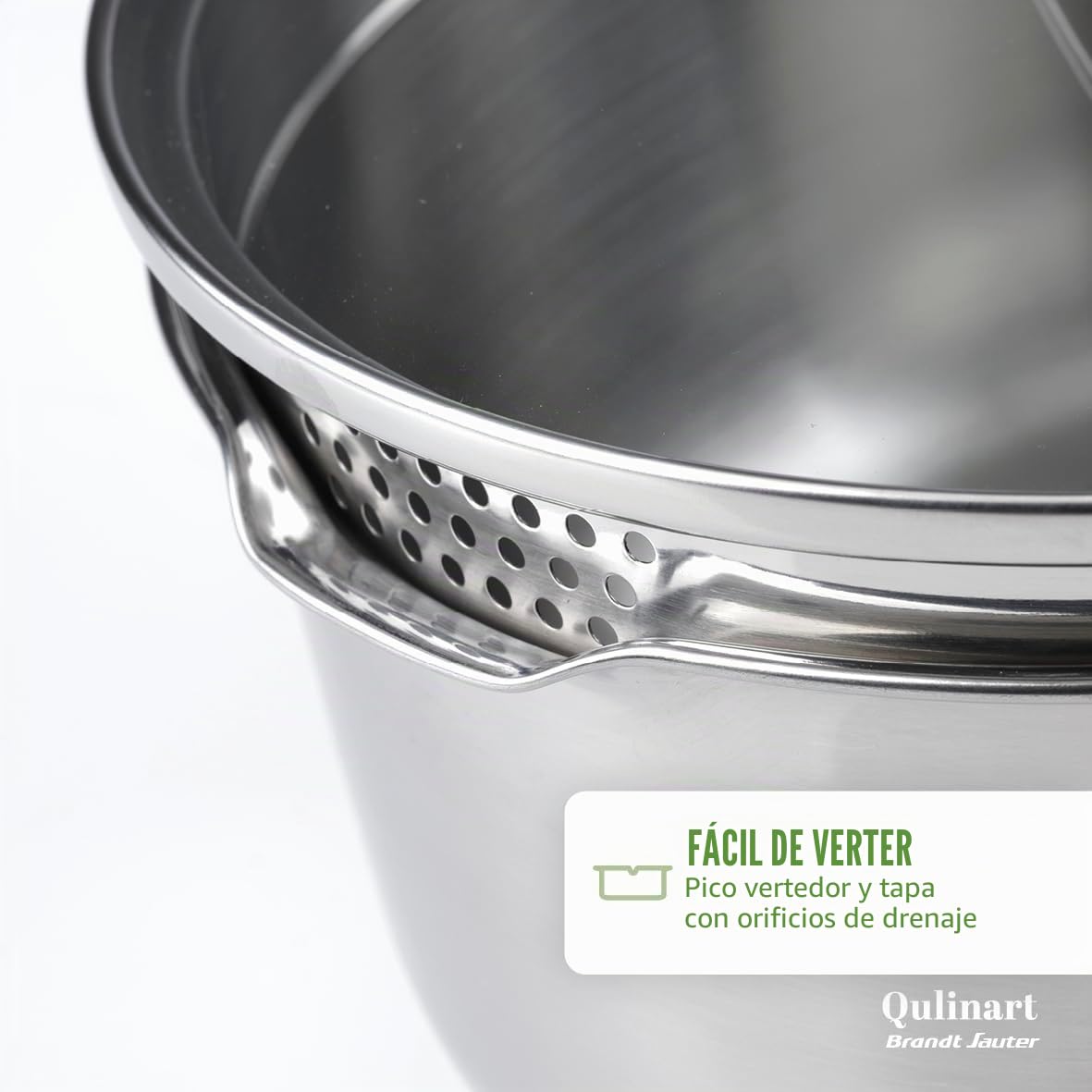 Qulinart by Brandt - Batería de cocina para inducción (10 piezas, 3 sartenes, 3 estufas y 3 tapas, coladores con asa extraíble, acero inoxidable, lote para todo fuego, color plateado