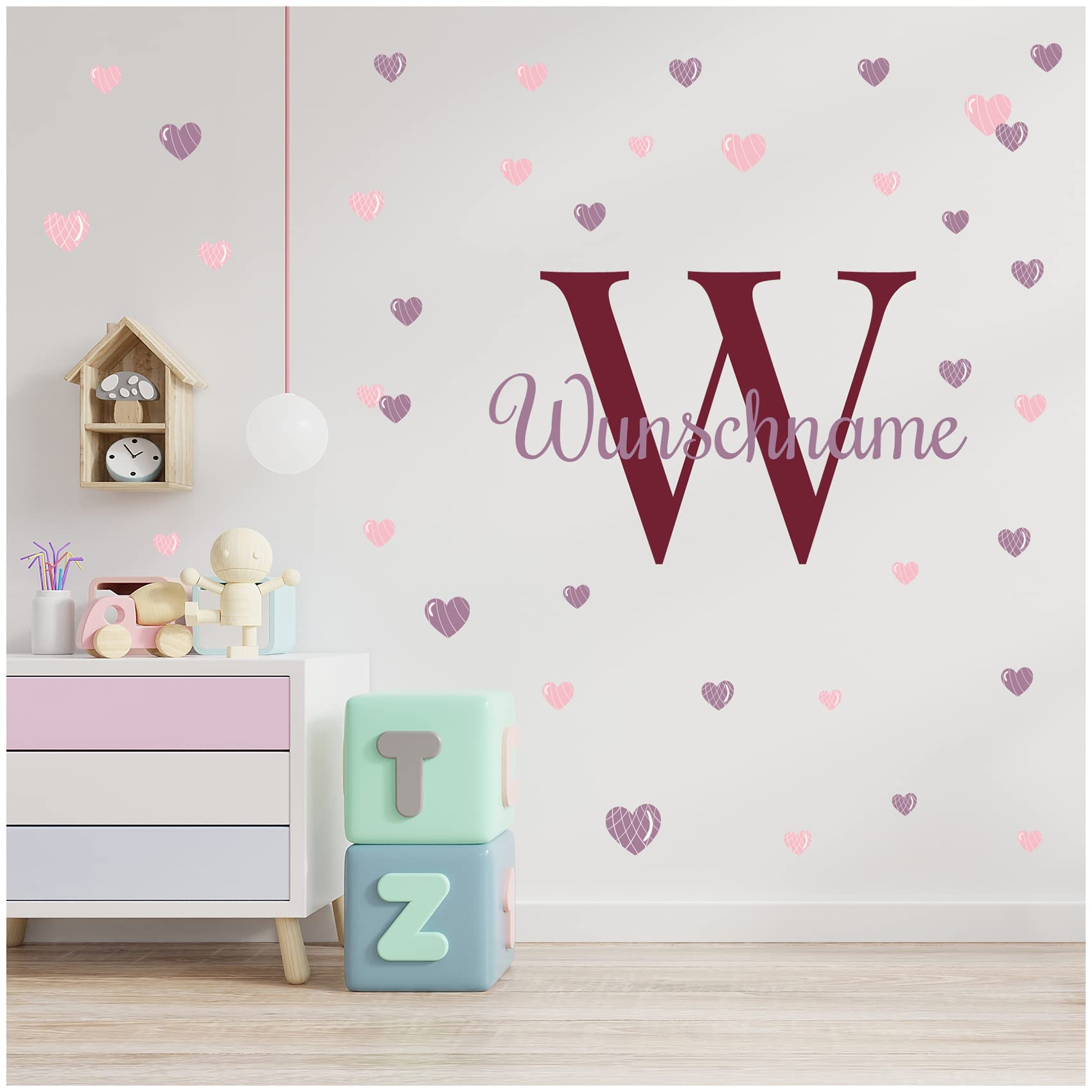 yabaduu Y037 Wall Sticker Personalised Sticker Watercolour Animals with Name Wall Sticker for Children's Room Baby Room Playroom Girls Boys (No. 26 Hearts, With Choice of Name)