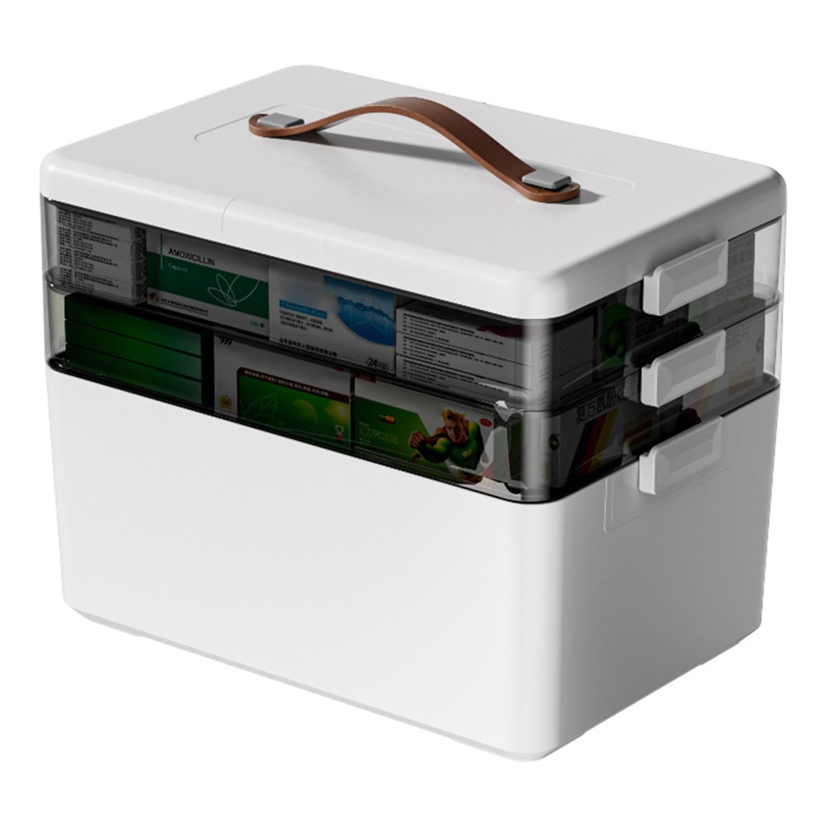 Organizer per medicinali a 3 piani con maniglia per il trasporto, portata fino a 60 kg, 34 x 22 x 25,5 cm, armadietto per la casa, l'ufficio, la scuola, il colore bianco