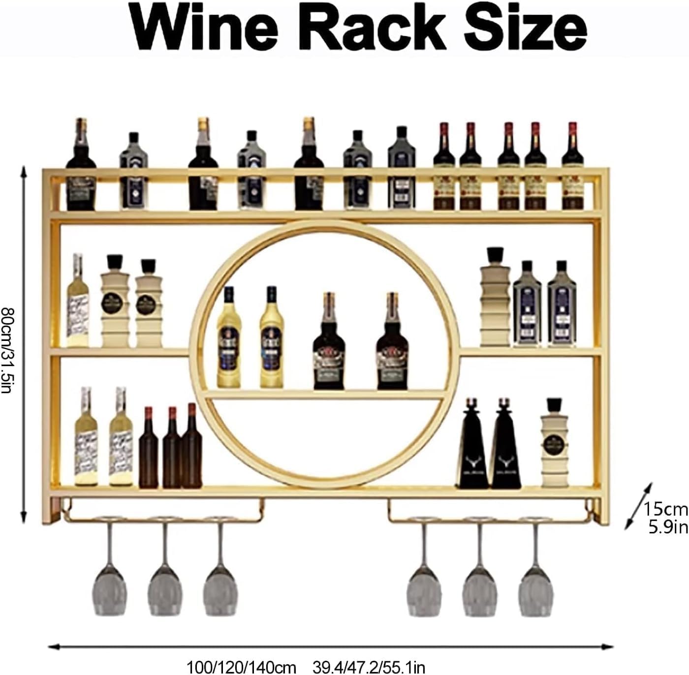 Porta Bottiglie Pendente in Metallo, Vetrinetta Creativa per Vino, Nero, 140cm