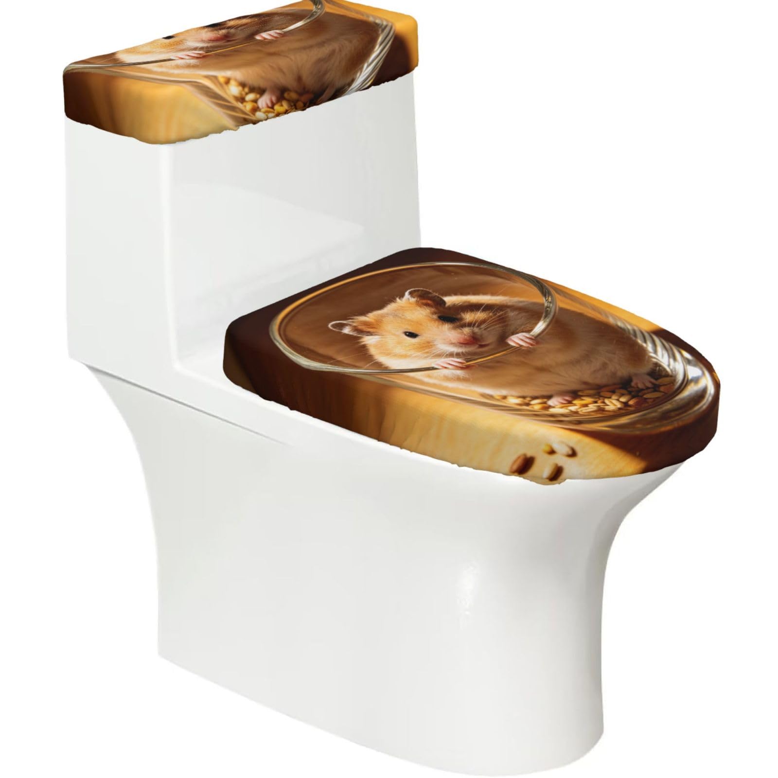Hamsters are Funny Elastic Toilet Cover Set of 2-Stretchy Lid and Tank Covers for Bathroom, Soft Washable U Shape Toilet Decor